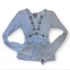 Hollister Y2K Daisy beaded empire waist bell sleeve baby blue long sleeve shirt